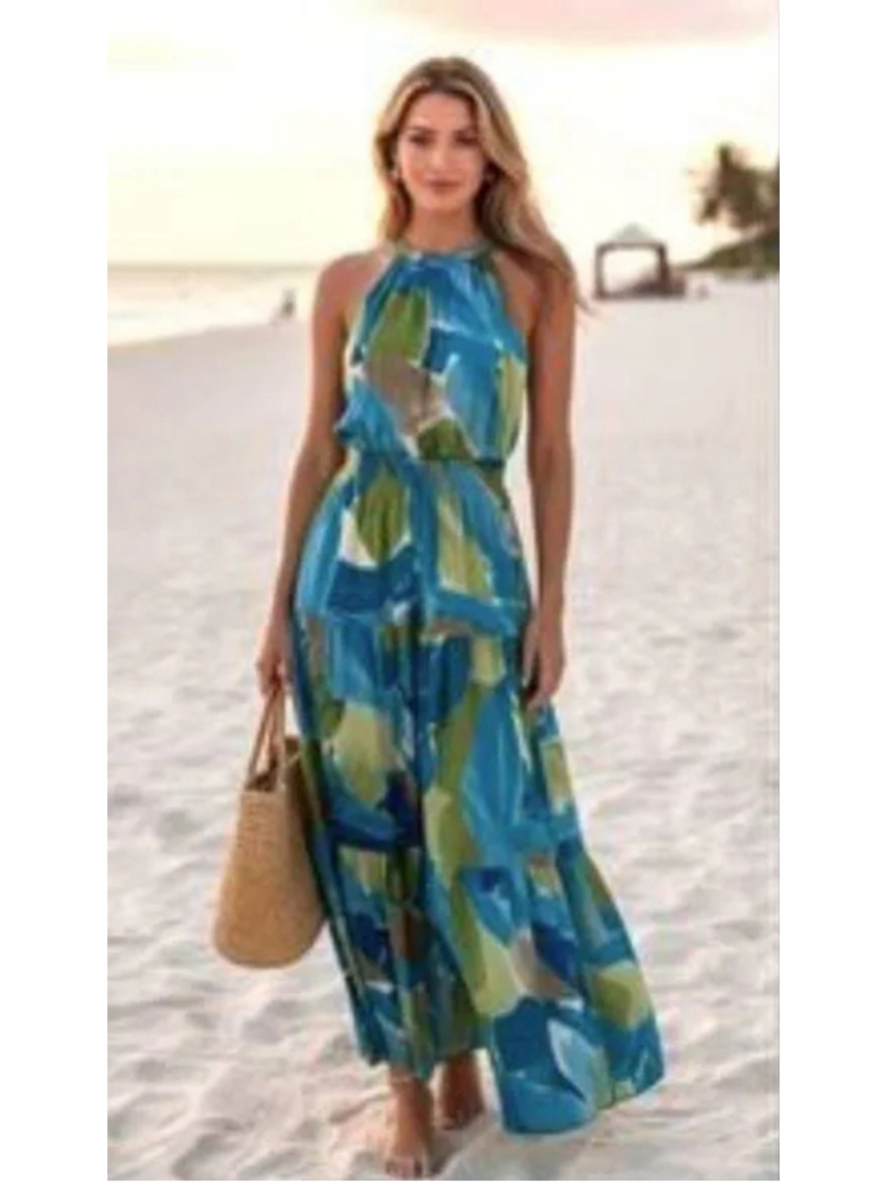 Nicole Miller Halter Neck Abstract Tiered Satin Maxi Dress Size XS (18” PTP)